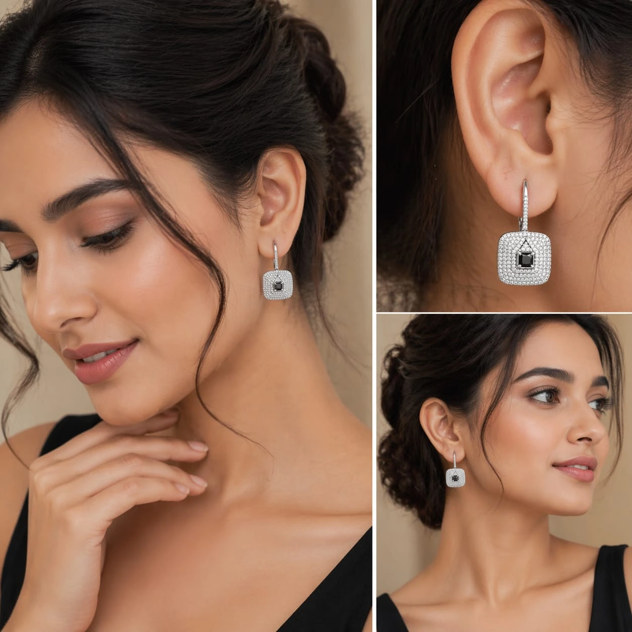 Black Stone American Diamond Earrings Square Drop Design - product image 2