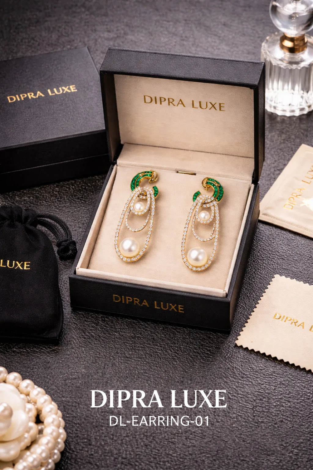 Emerald Pearl American Diamond Earrings Green Stone Drop - product image 6