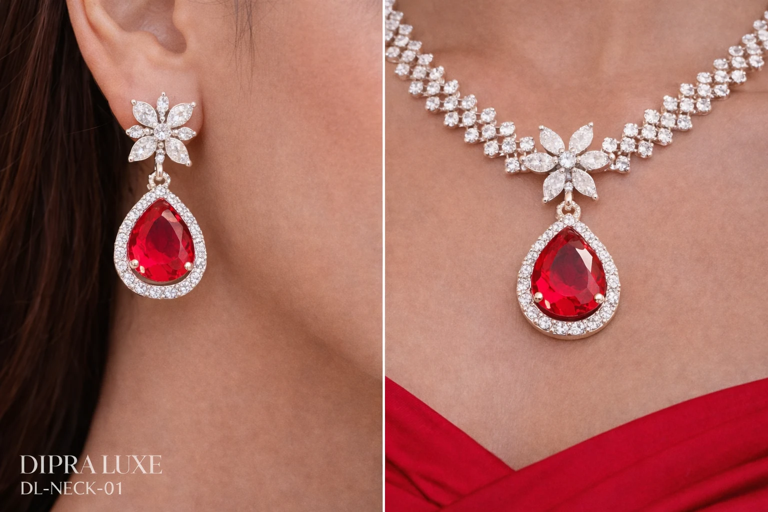 Ruby Royale American Diamond Necklace Set Red Teardrop - product image 3