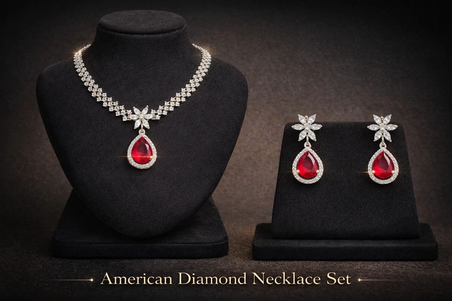 Ruby Royale American Diamond Necklace Set Red Teardrop - product image 4
