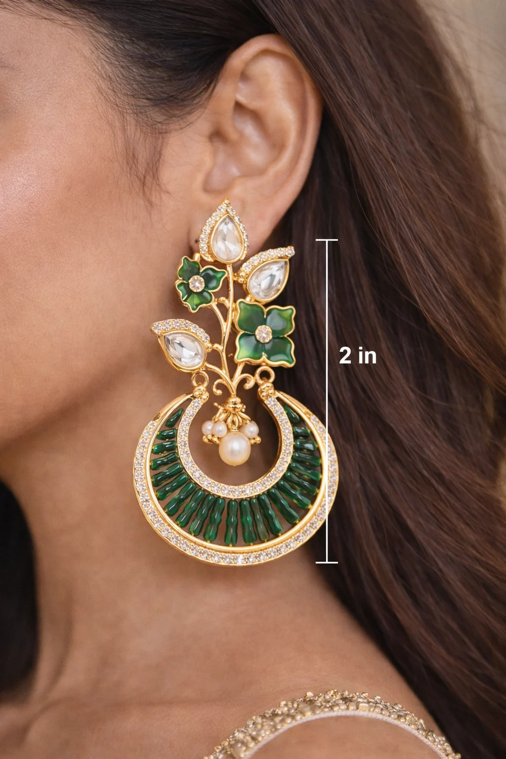 Emerald Bloom American Diamond Earrings Green Pearl Drop - product image 5