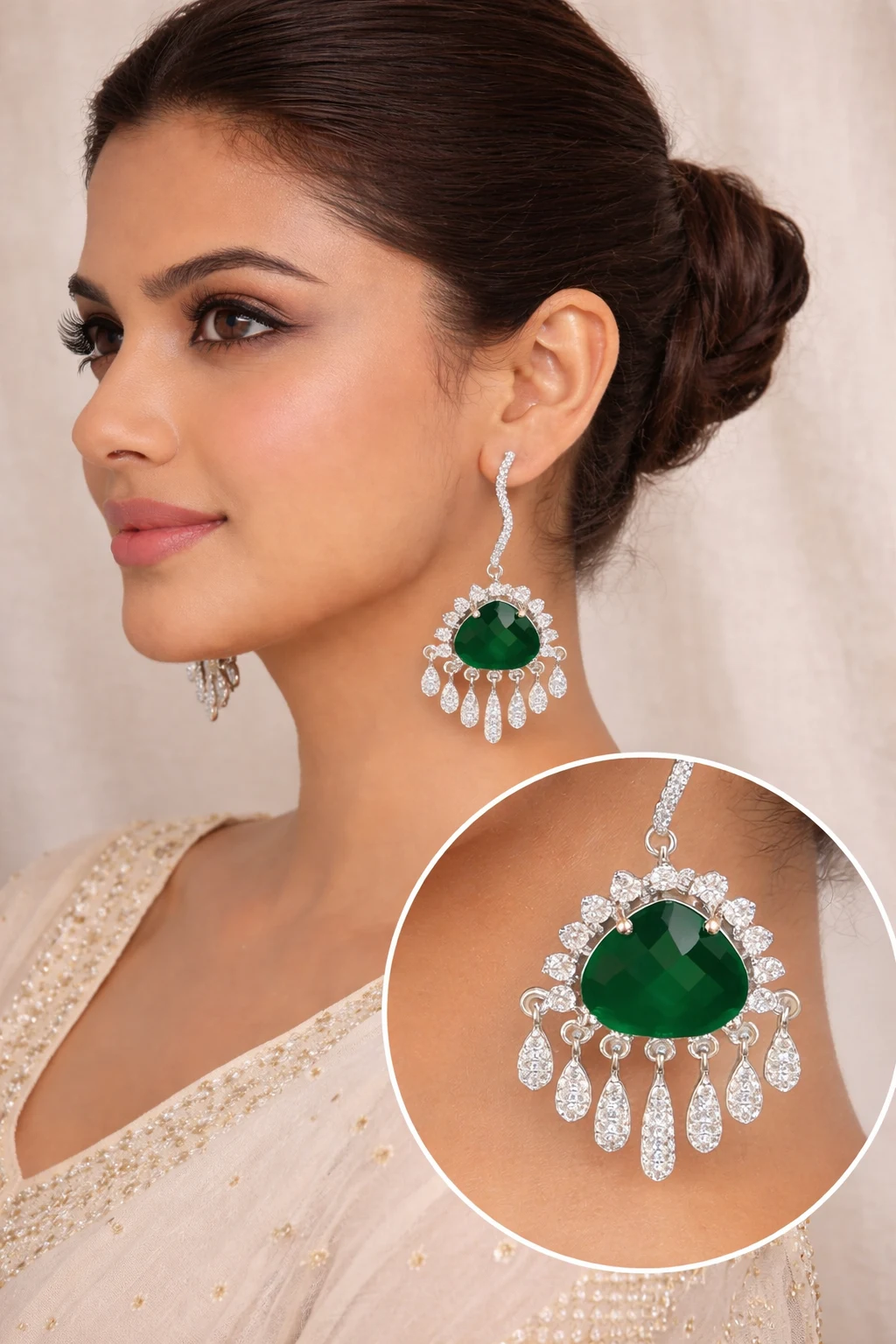 Crystal Dew American Diamond Earrings – Green Teardrop for Women - product image 2
