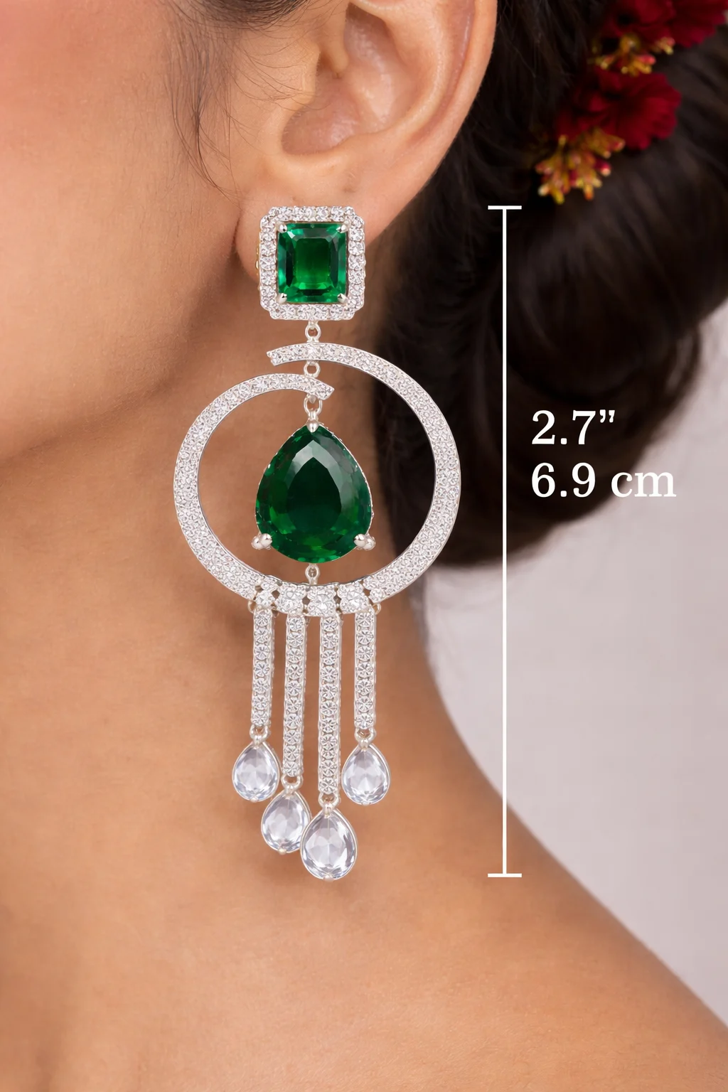 Crystal Dangler American Diamond Earrings Green Teardrop - product image 5