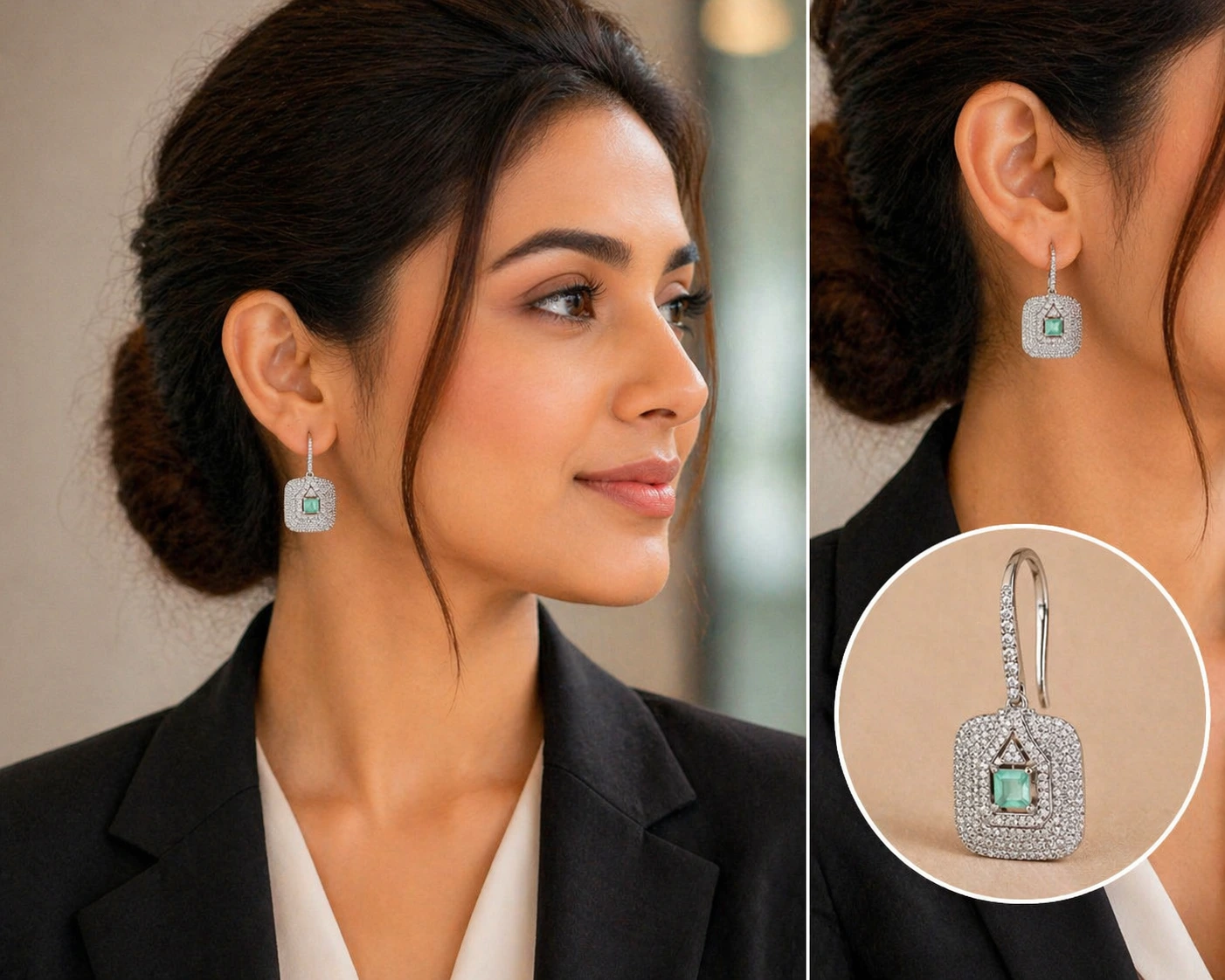 Mint Green American Diamond Earrings Square Drop Design - product image 2