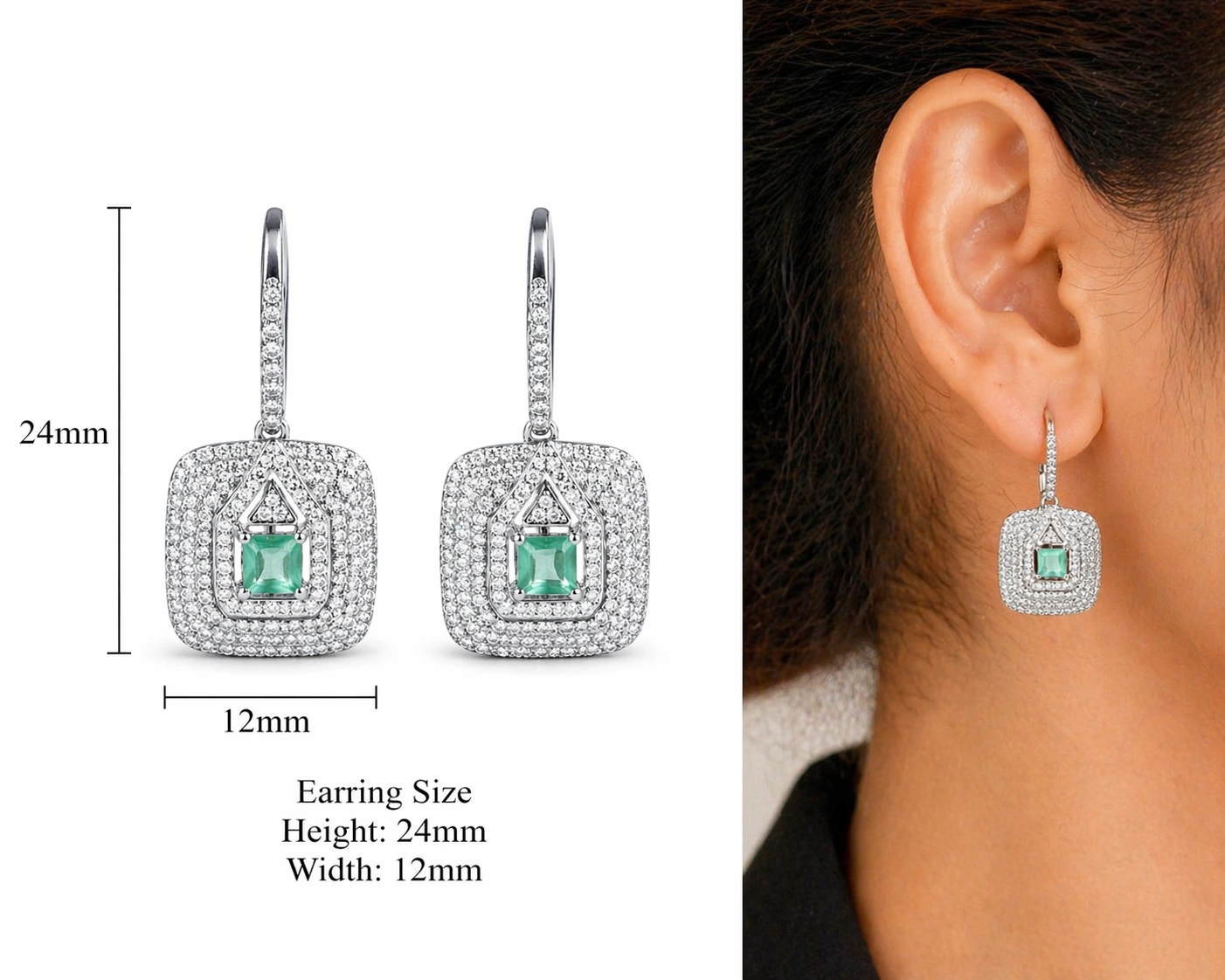 Mint Green American Diamond Earrings Square Drop Design - product image 4