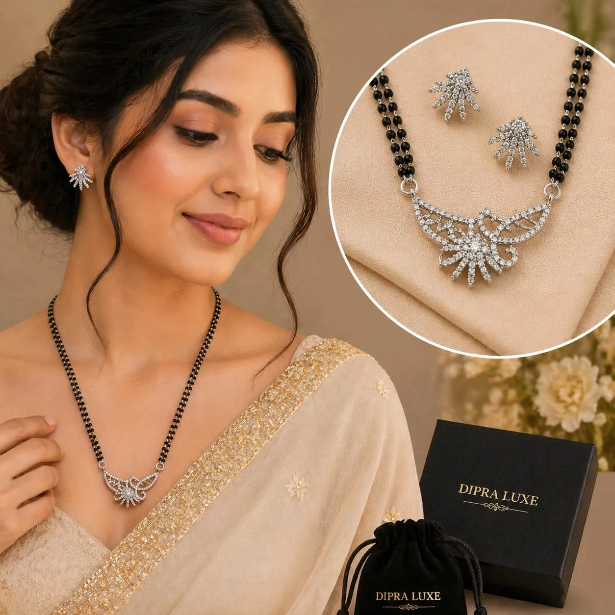 Elegant Black Beads Mangalsutra Necklace Set with Diamond Pendant & Earrings - product image 2