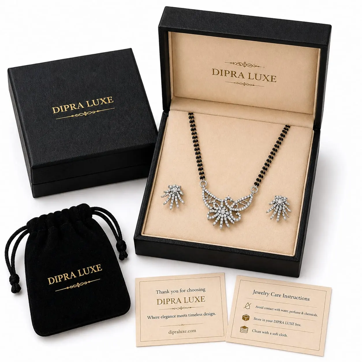 Elegant Black Beads Mangalsutra Necklace Set with Diamond Pendant & Earrings - product image 4