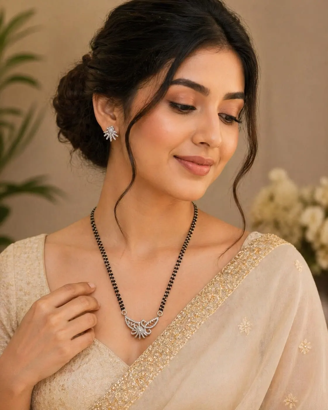 Elegant Black Beads Mangalsutra Necklace Set with Diamond Pendant & Earrings - product image 1