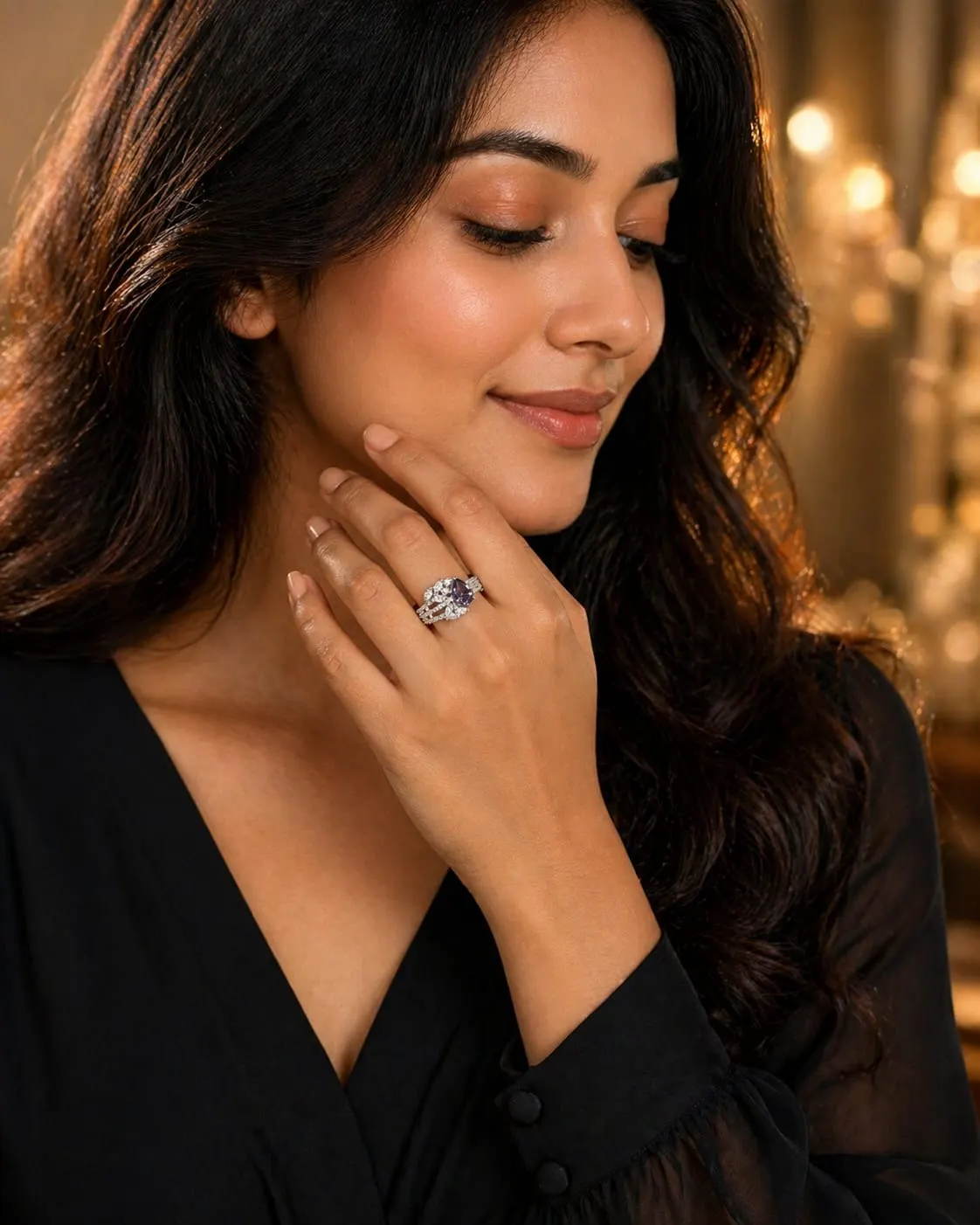 Amora Violet Bloom American Diamond Ring (Silver Finish, Size 15) - product image 1