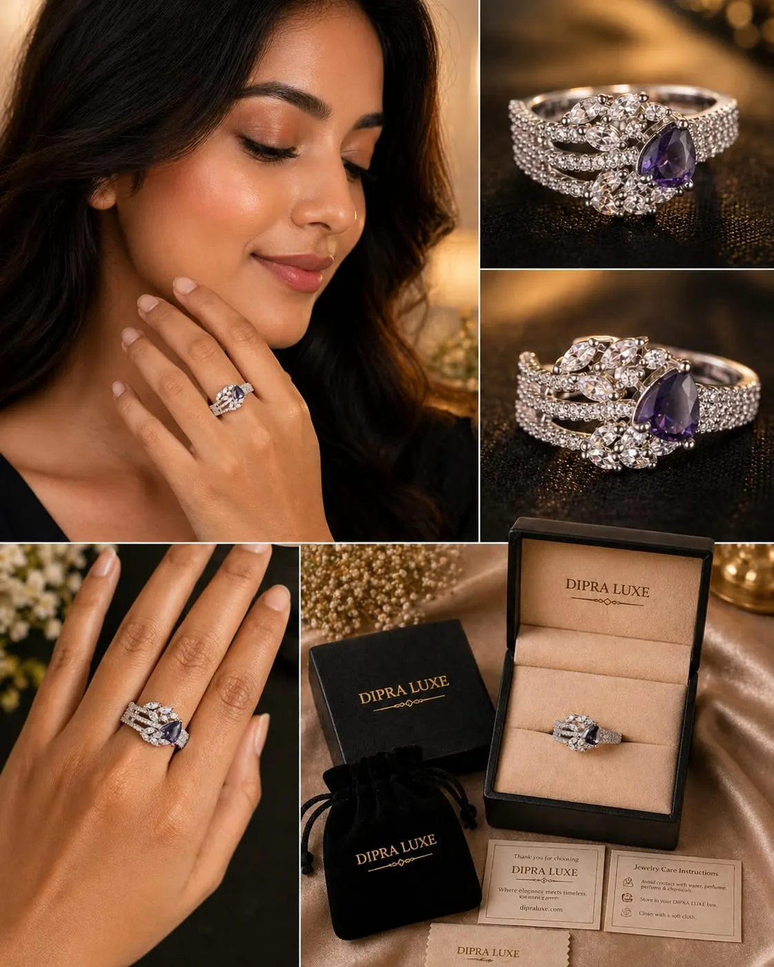 Amora Violet Bloom American Diamond Ring (Silver Finish, Size 15) - product image 4