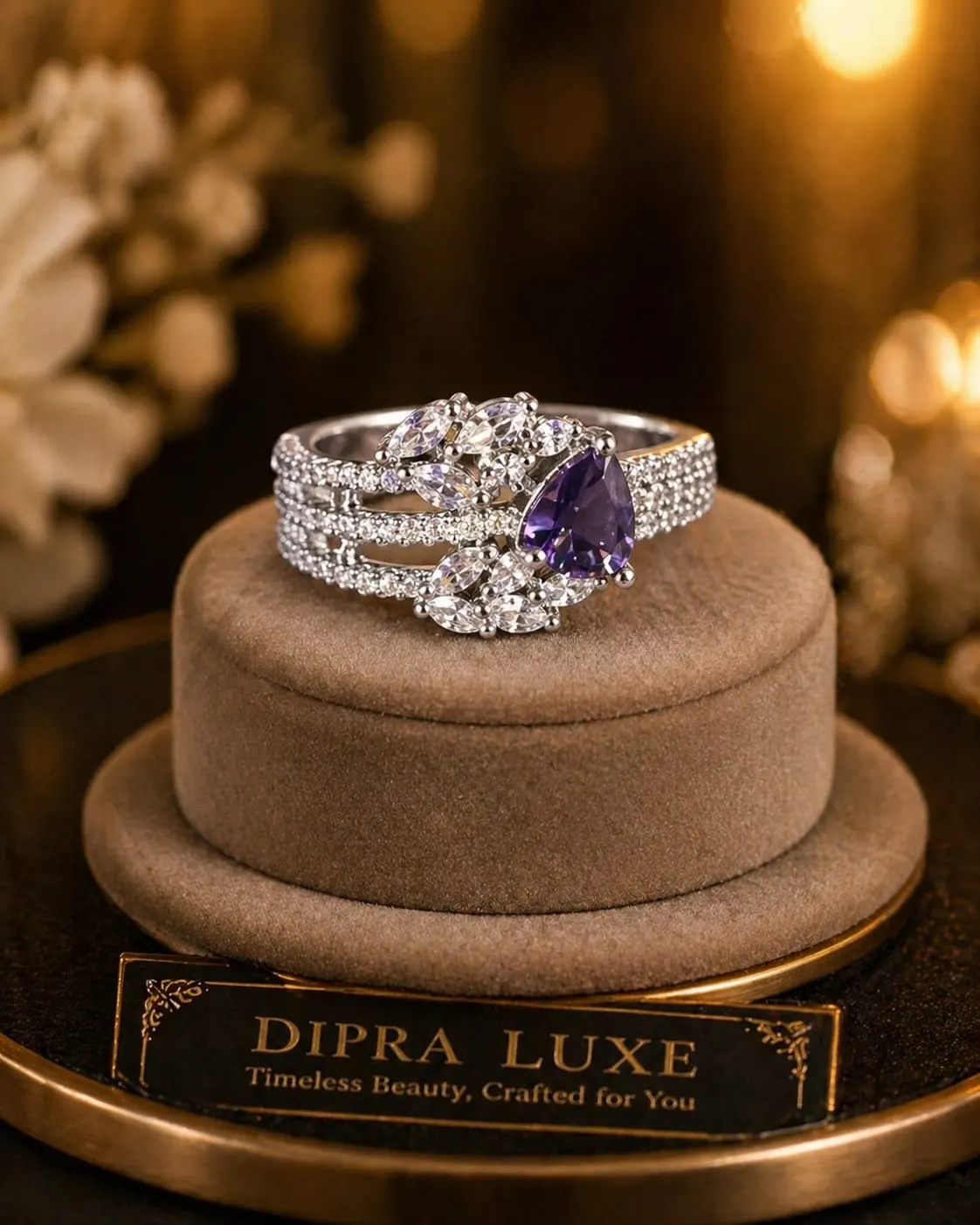 Amora Violet Bloom American Diamond Ring (Silver Finish, Size 15) - product image 5