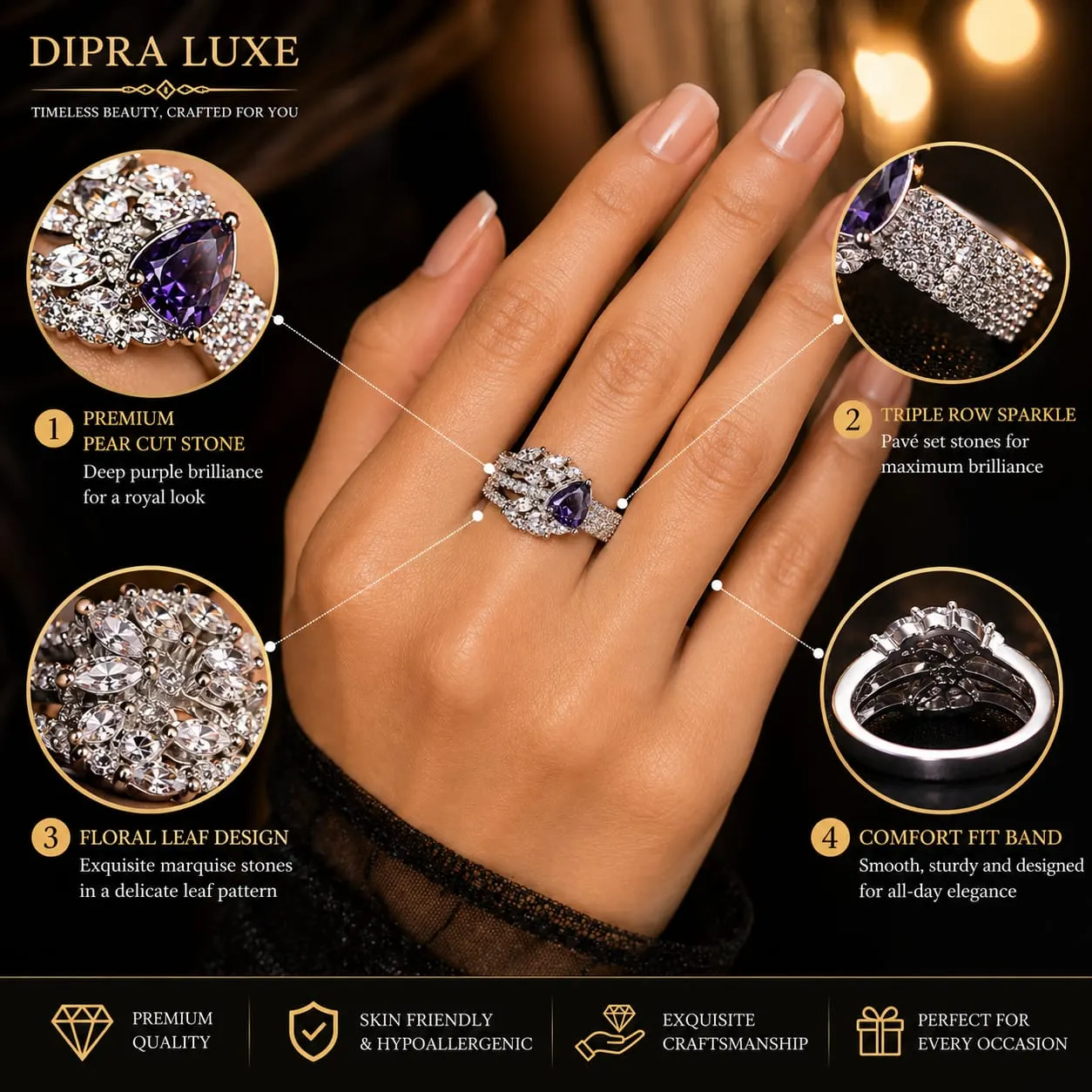 Amora Violet Bloom American Diamond Ring (Silver Finish, Size 15) - product image 3