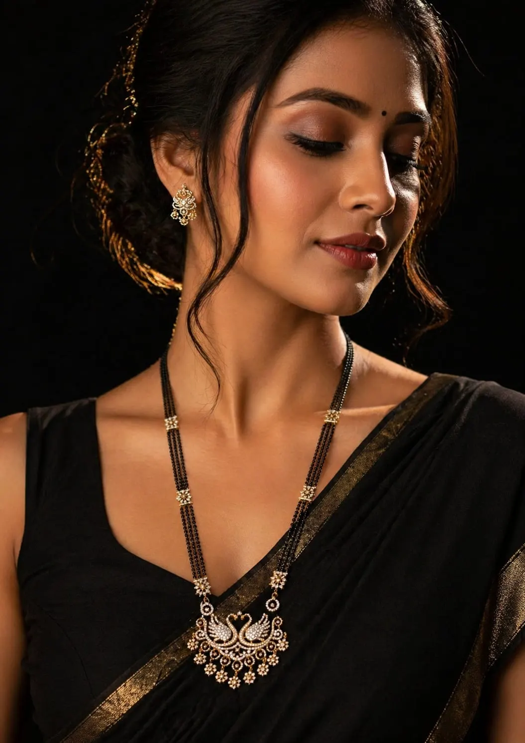 Luxury Swan Design Black Beaded Mangalsutra with Crystal Pendant - product image 1