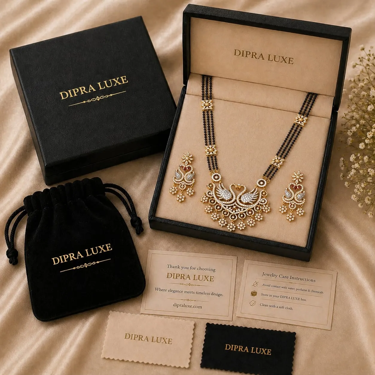 Luxury Swan Design Black Beaded Mangalsutra with Crystal Pendant - product image 6