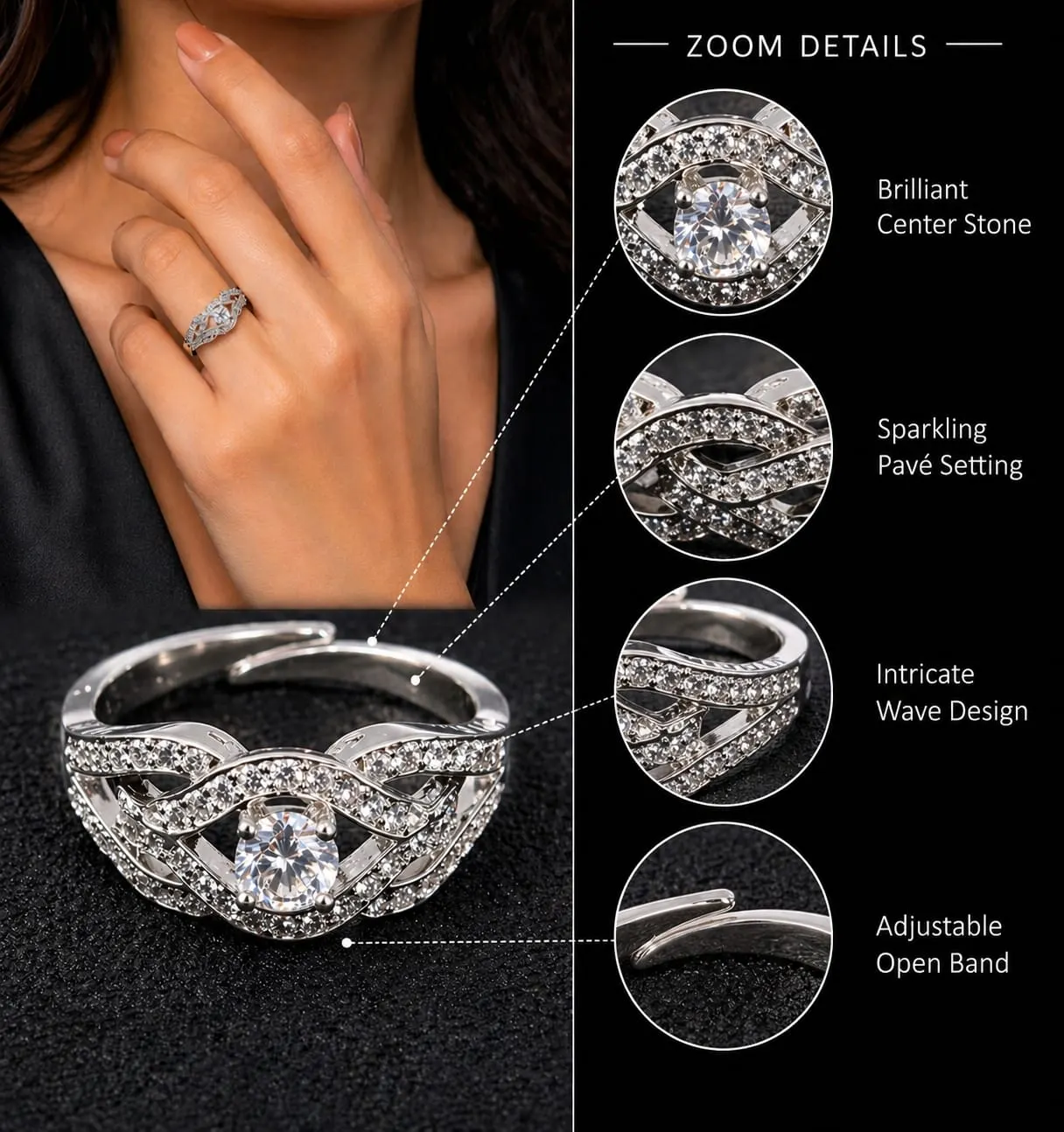 Celestia Wave American Diamond Ring (Silver Finish, Adjustable Size) - product image 4