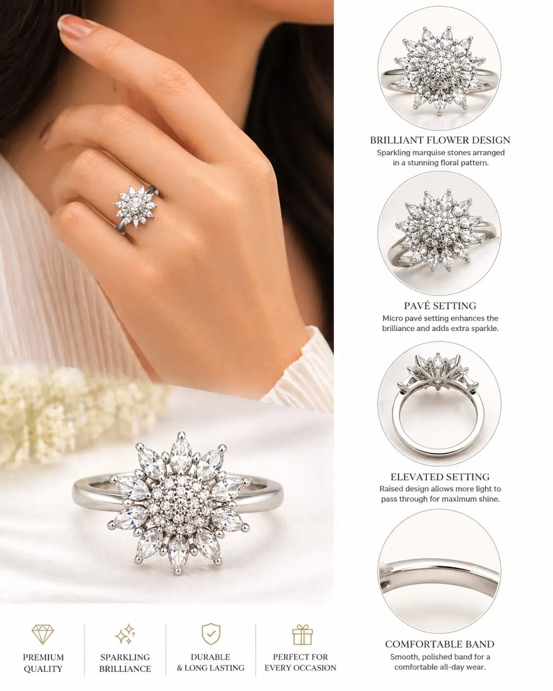 Solara Bloom American Diamond Ring (Silver Finish, Adjustable Size) - product image 2