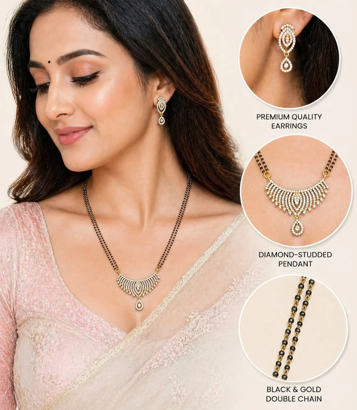 Dipra Luxe AD Diamond Style Mangalsutra Set with Earrings for Women (Gold Plated, Double Chain) - product image 2