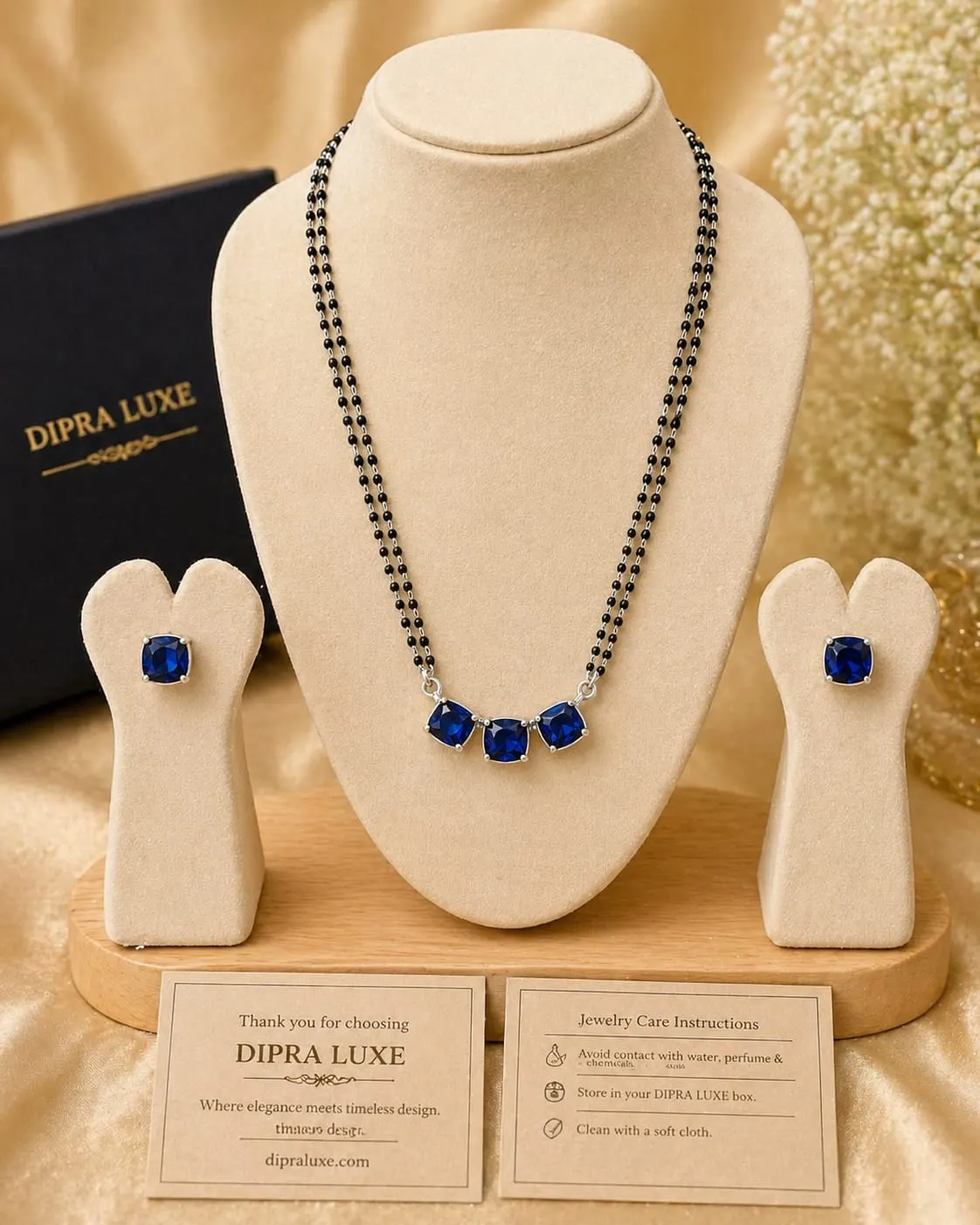Dipra Luxe Blue Stone AD Mangalsutra Set with Earrings for Women (Gold Plated, Double Chain) - product image 5