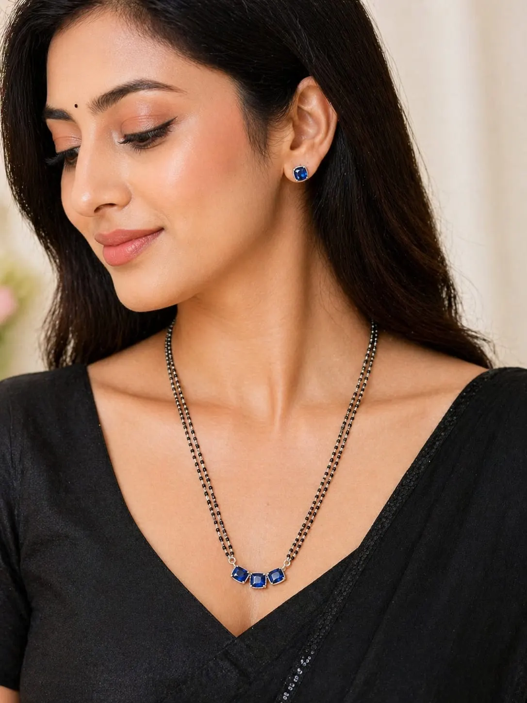 Dipra Luxe Blue Stone AD Mangalsutra Set with Earrings for Women (Gold Plated, Double Chain) - product image 1