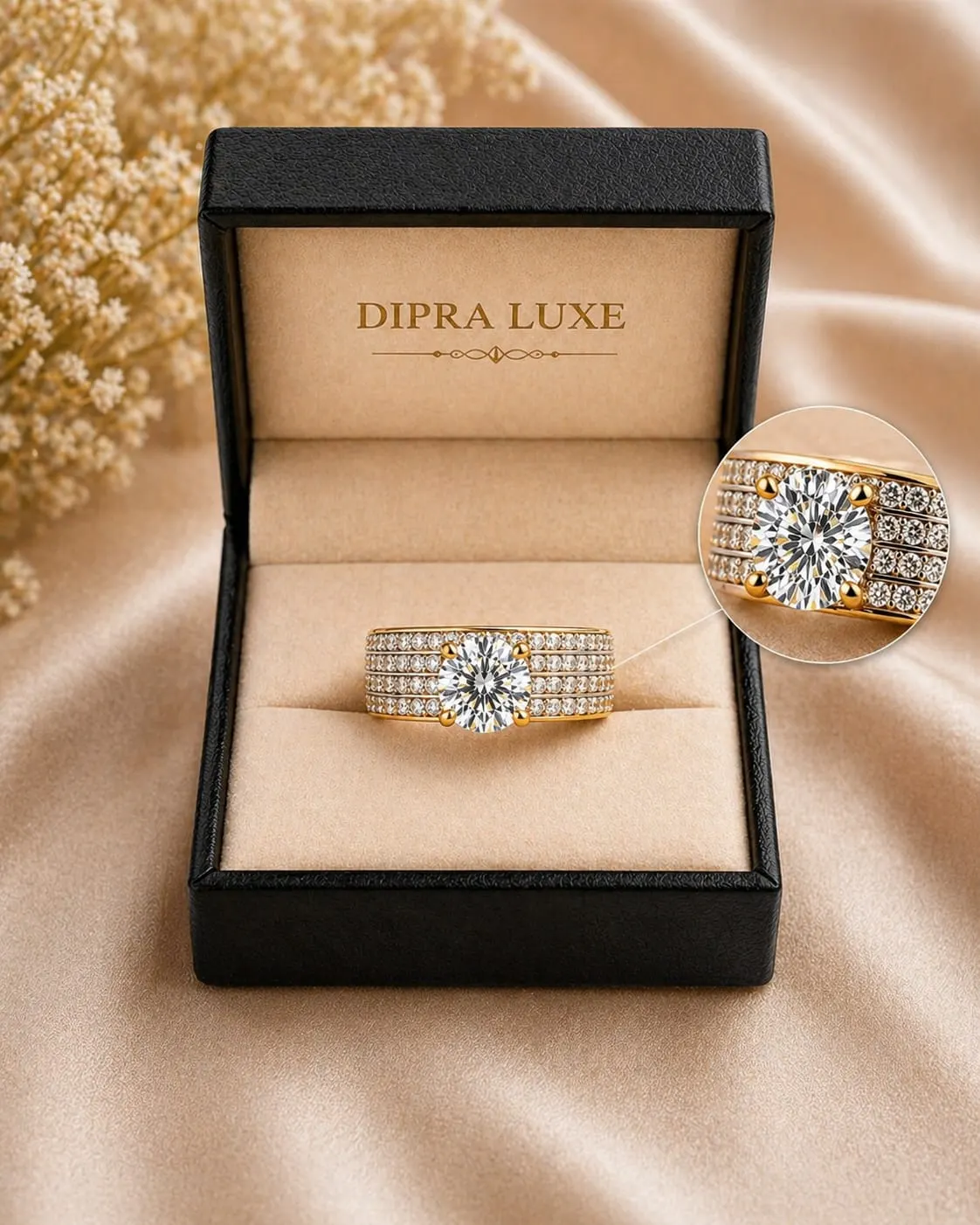 Dipra Luxe Premium AD Solitaire Ring for Women (Gold Plated, Multi-Row Diamond Style Band) - product image 2