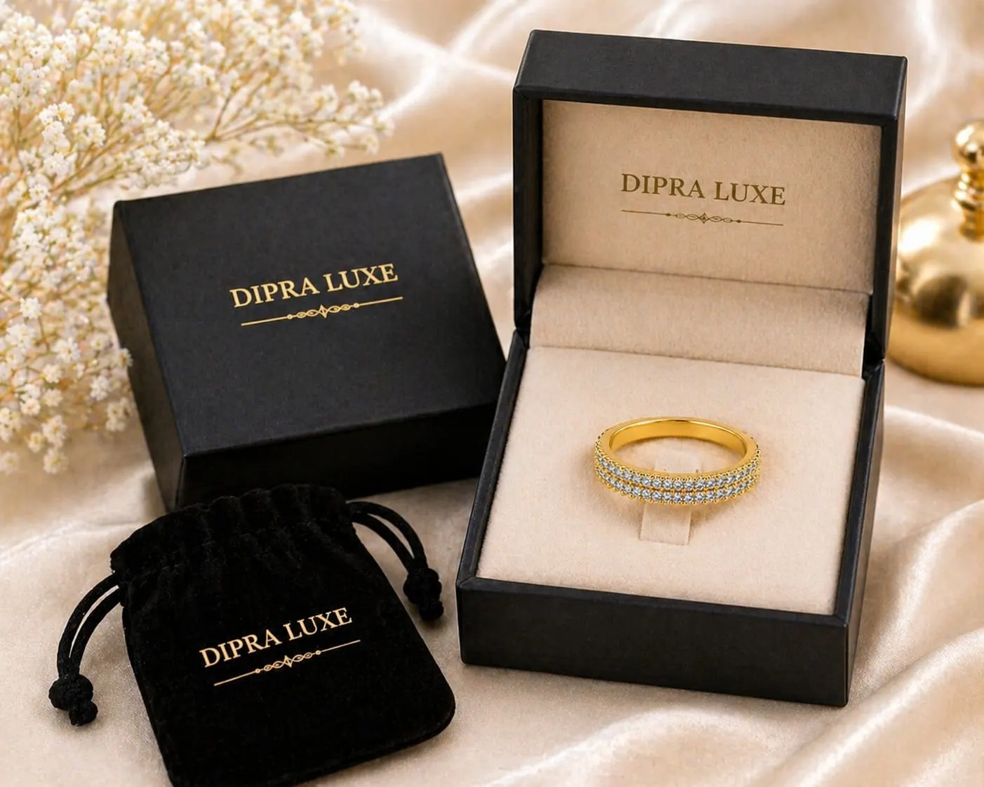 Dipra Luxe Premium AD Diamond Look Band Ring for Women (Gold Plated, Multi-Row Studded Design) - product image 5