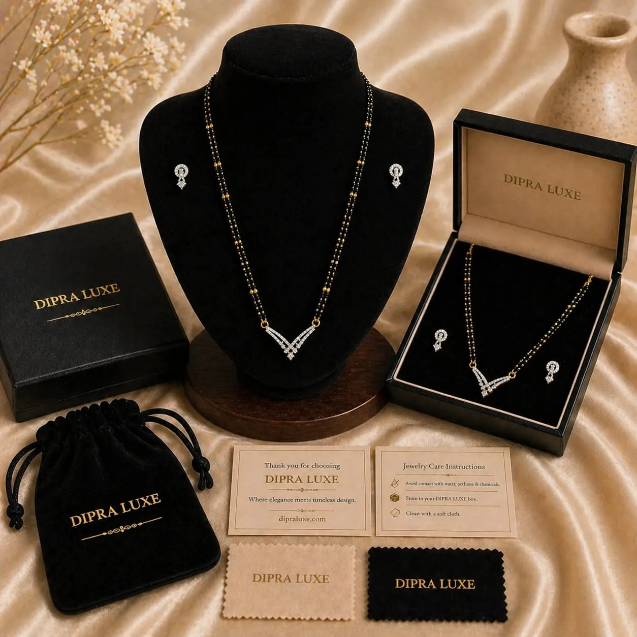 Gold Plated Mangalsutra with Diamond Pendant & Earrings Set for Women – Dipra Luxe - product image 4